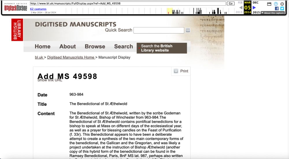 Screenshot of the Wayback Machine capture of the old entry for BL MS Add 49598