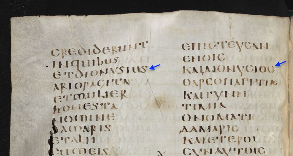 Bodleian Library MS. Laud Gr. 35, fol. 153v, detail annotated with blue arrows pointing at Dionysius's name.