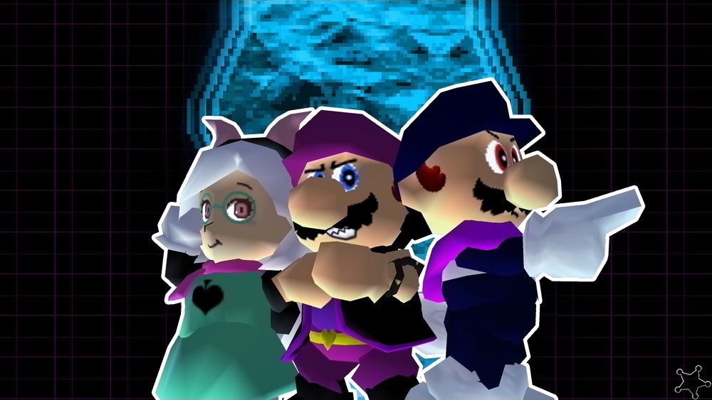 grace, evil, and super dressed as ralsei, susie, and kris respectively in front of a dark fountain