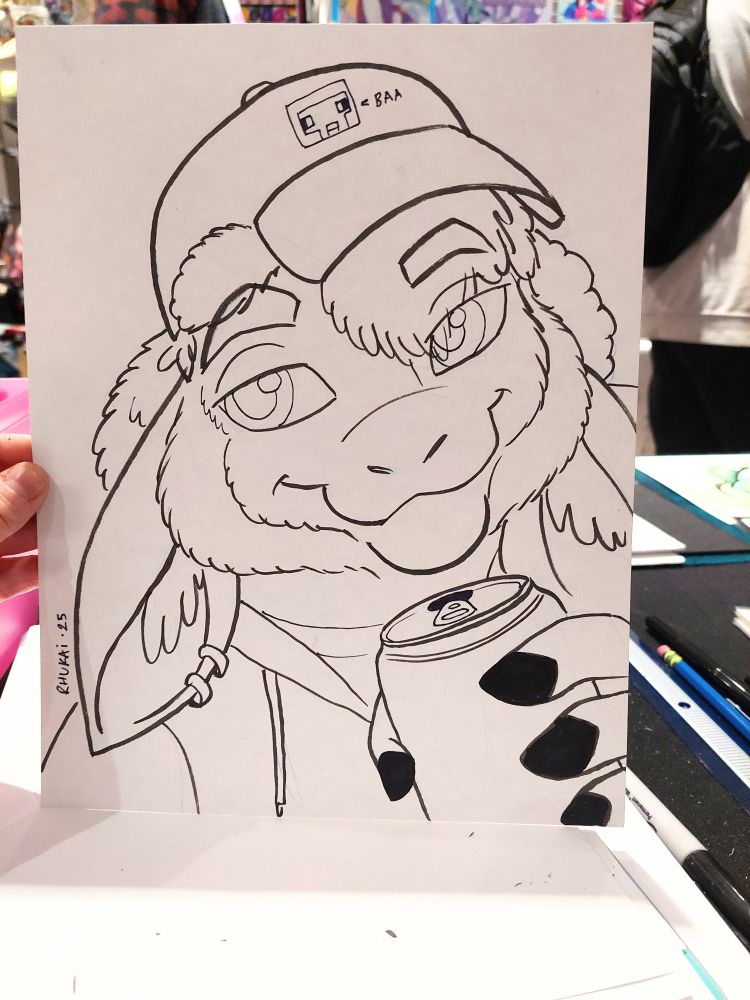 A fluffy anthro sheep wearing a ballcap with a Minecraft sheep on it, and holding a can of soda