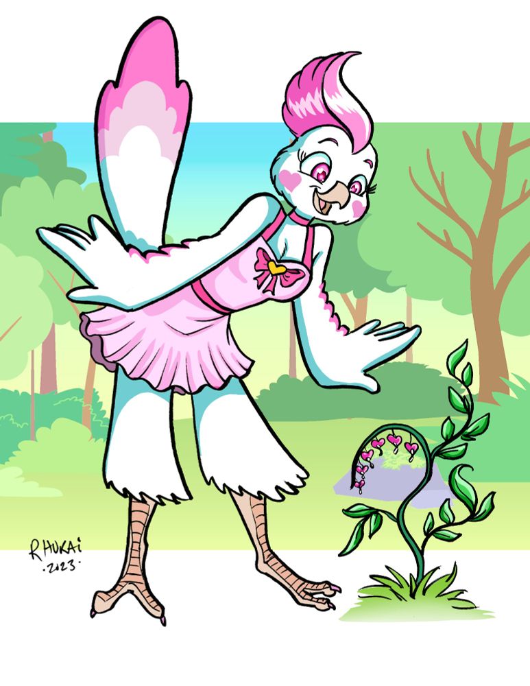 Sweetheart, my cockatiel OC, a white cockatiel with heart-shaped markings on her cheeks and pink markings on her wings and tail, leaning down to admire some heart-shaped flowers