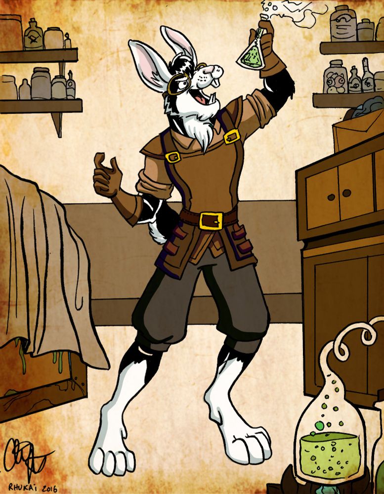 An anthro rabbit man wearing steampunk leathers stands amidst his laboratory, holding up a flask some something acid green and bubbling