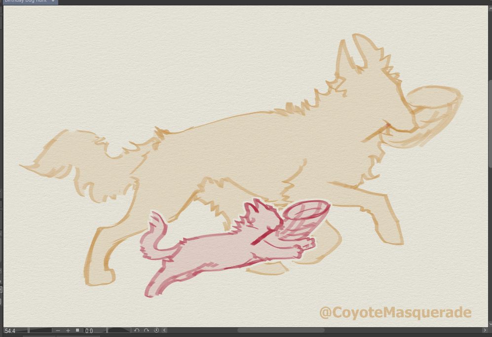 Drawing of two animal characters, Sammie and Stevie. The drawings are simple and stylized, showing the silhouette of the characters but not much detail. Sammie, a small feline like creature, hops forward, paws outstretched with a net in her mouth. Stevie, a large canine like creature, trots besides her, also holding a net in her mouth. 