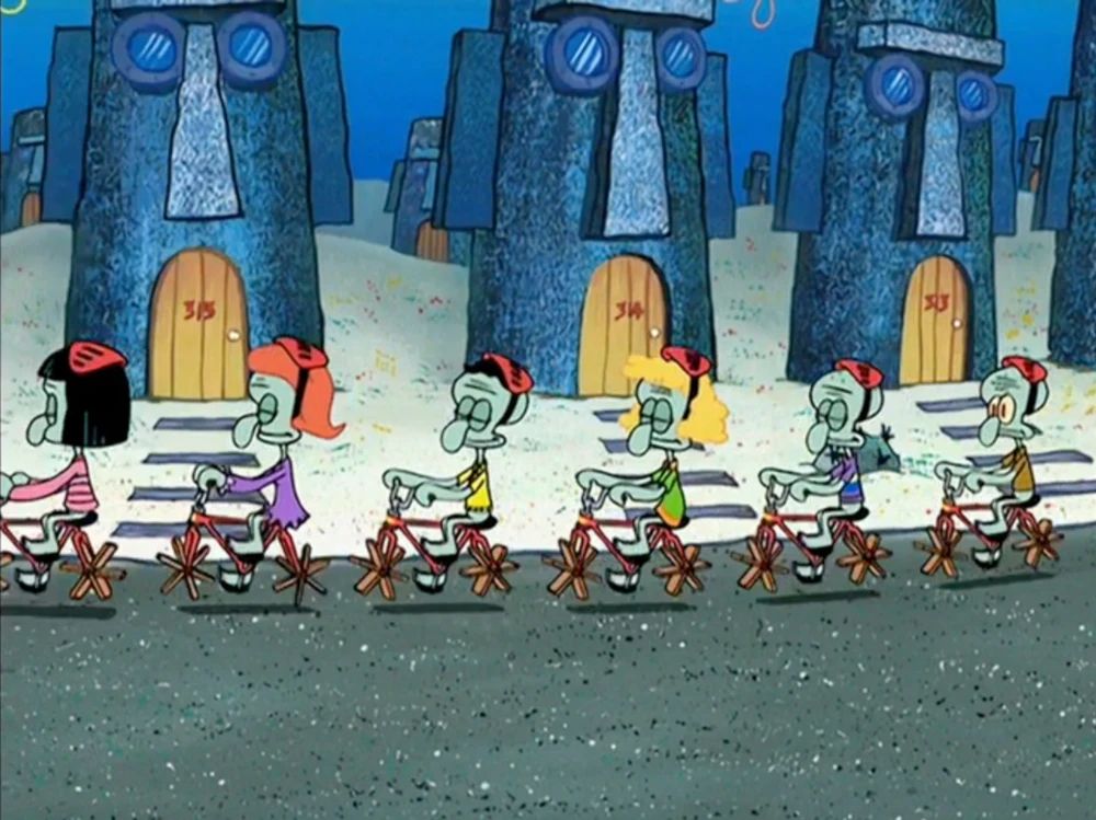 Image of 6 different versions of Squidward from Spongebob, riding bicycles in a straight line. 