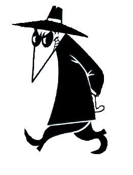 A photo of "Black Spy" the cartoon character, in all black with a black hat. 
