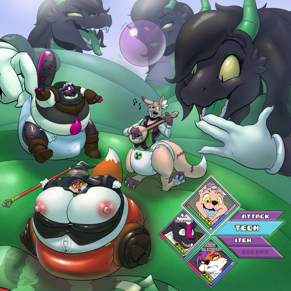 Big three headed dragon blowing a bubble, and puffing up up a trio of pesky adventurers in an RPG-like setting with some fun health/status bars. 