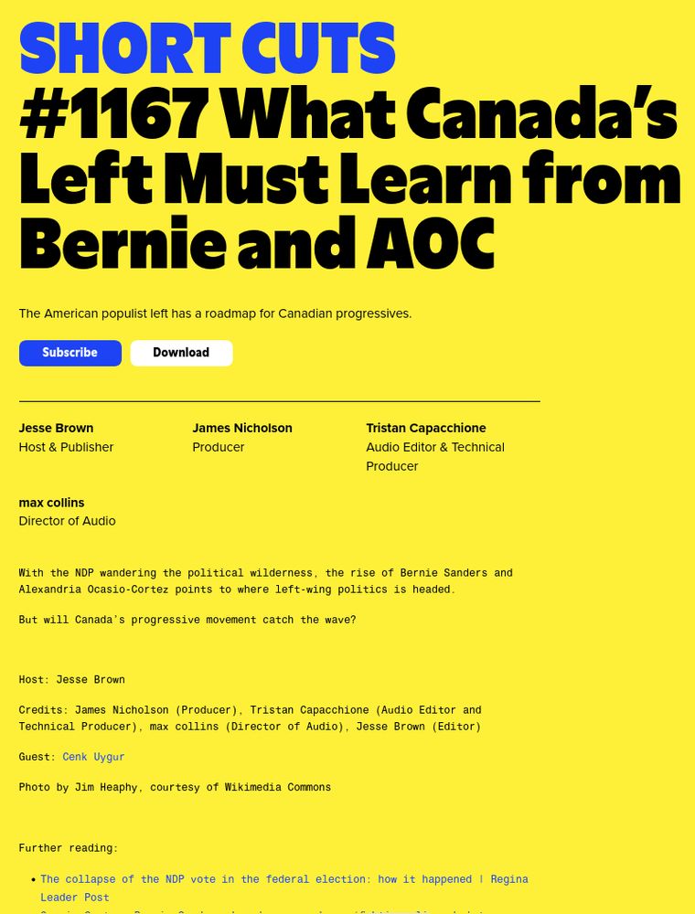 Canadaland Short Cuts episode #1167, "What Canada's Left Must Learn from Bernie and AOC" with host Jesse Brown and guest Cenk Uygur