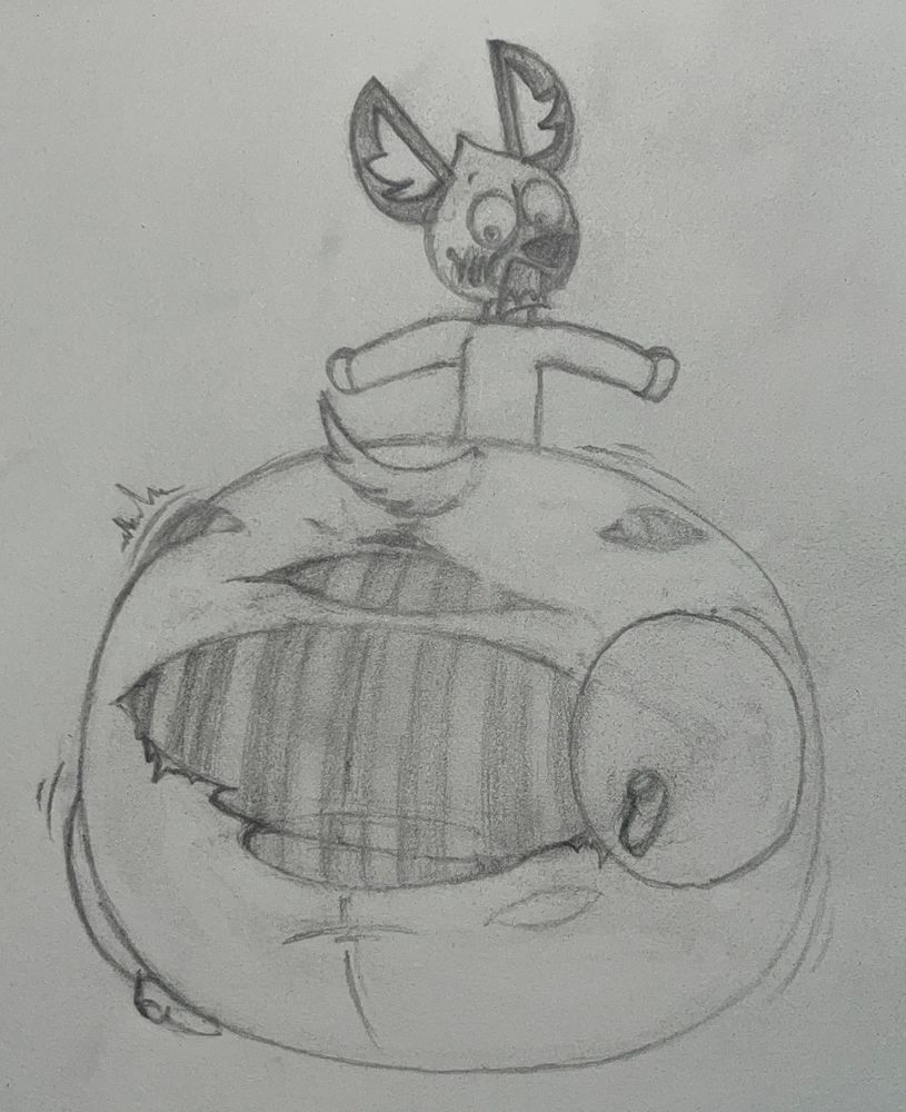 A traditional drawing of Haida from Aggretsuko with a massive monobutt as his pants rip and tear from the sheer strain of his butt, as he looks down in shock at his underwear being exposed