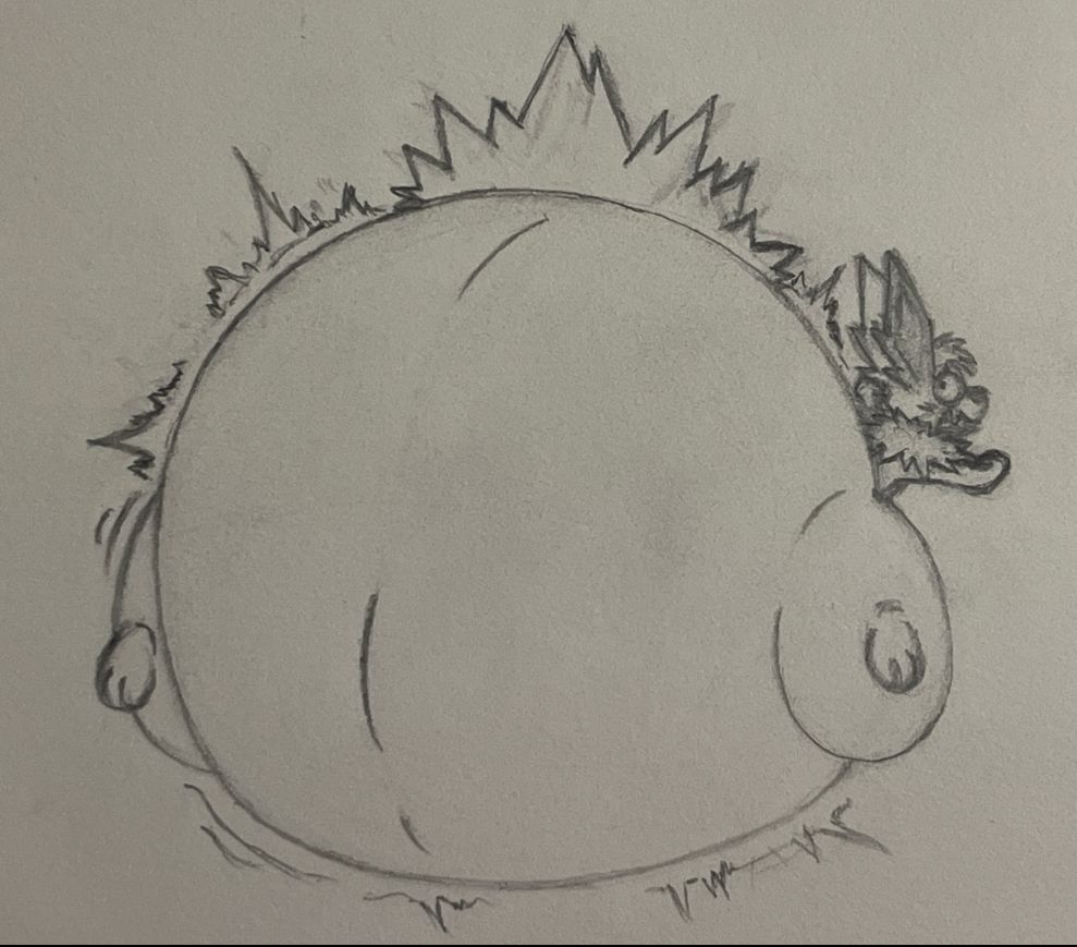 A traditional drawing of a Jolteon laying down as he looks back in worry as his huge monobutt swells up from storing so much electricity