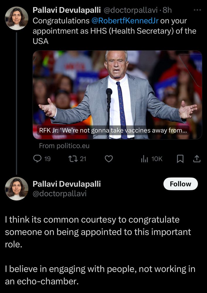 @doctorpallavi on Twitter: "Congratulations @RobertfKennedJr on your appointment as HHS (Health Secretary) of theUSA." She then replies to herself: "I think its common courtesy to congratulate someone on being appointed to this important role.I believe in engaging with people, not working in an echo-chamber."