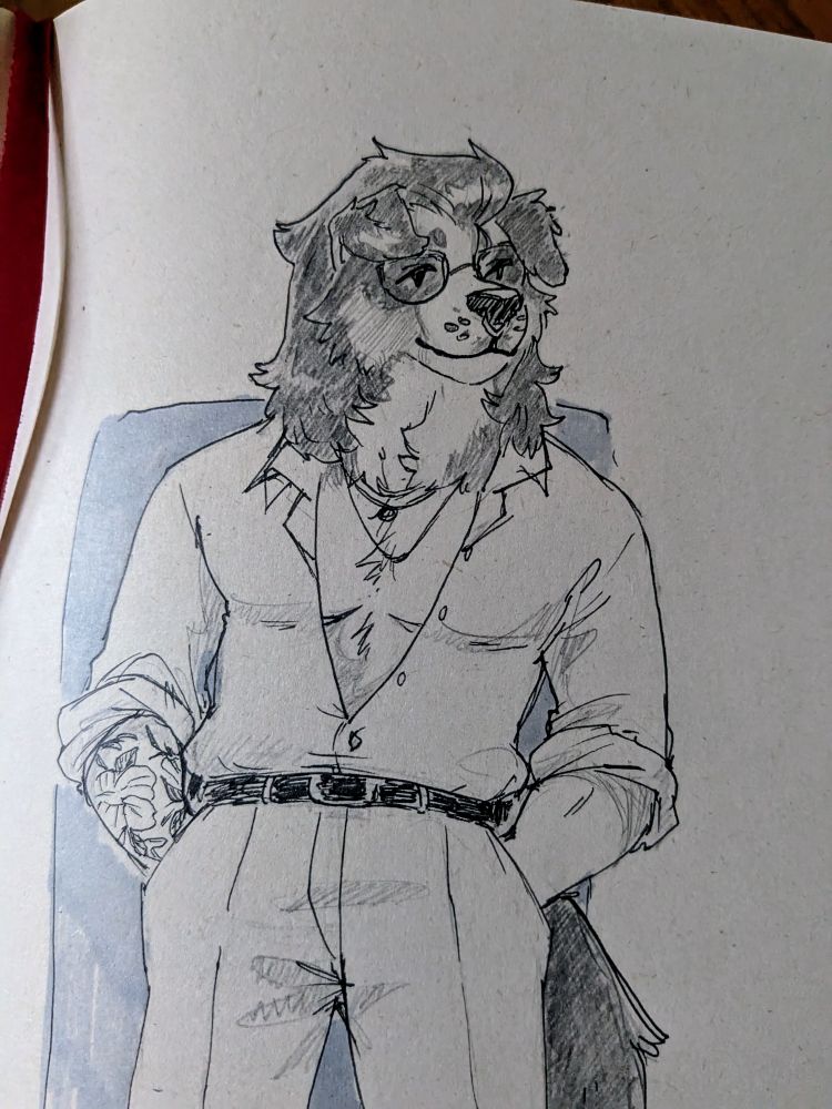 A pencil and pen drawing of a smartly-dressed non-binary Bernese Mountain Dog furry. Their long hair is slicked back, and they're wearing an open button-up top with the sleeves rolled up, revealing their forearm tattoo and the tiniest slivers of their top surgery scars. 