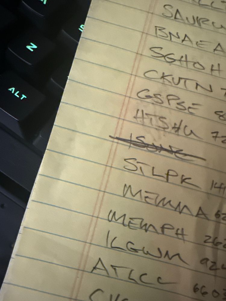 Steno pad with project codes and truncated forecast numbers 