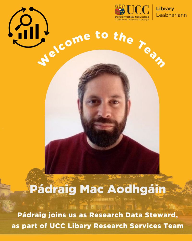 A headshot of a man with a beard. The text above the image says Welcome to the Team. The text beneath the image says Pádraig Mac Aodhgáin. Pádraig joins us as Research Data Steward,
as part of UCC Libary Research Services Team
