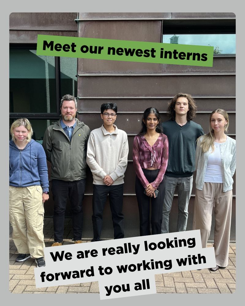 A group photo of six people standing in front of a building. The text at the top reads 'Meet our newest interns' and the text at the bottom reads 'We are really looking forward to working with you all.