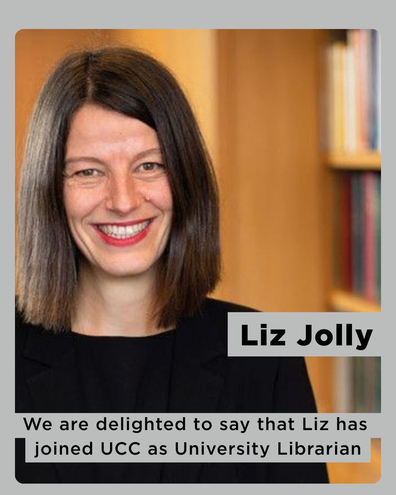 A person with shoulder-length brown hair, wearing a black top, stands in front of blurred bookshelves. Their face is obscured. Text on the image reads: 'Liz Jolly' and 'We are delighted to say that Liz has joined UCC as University Librarian