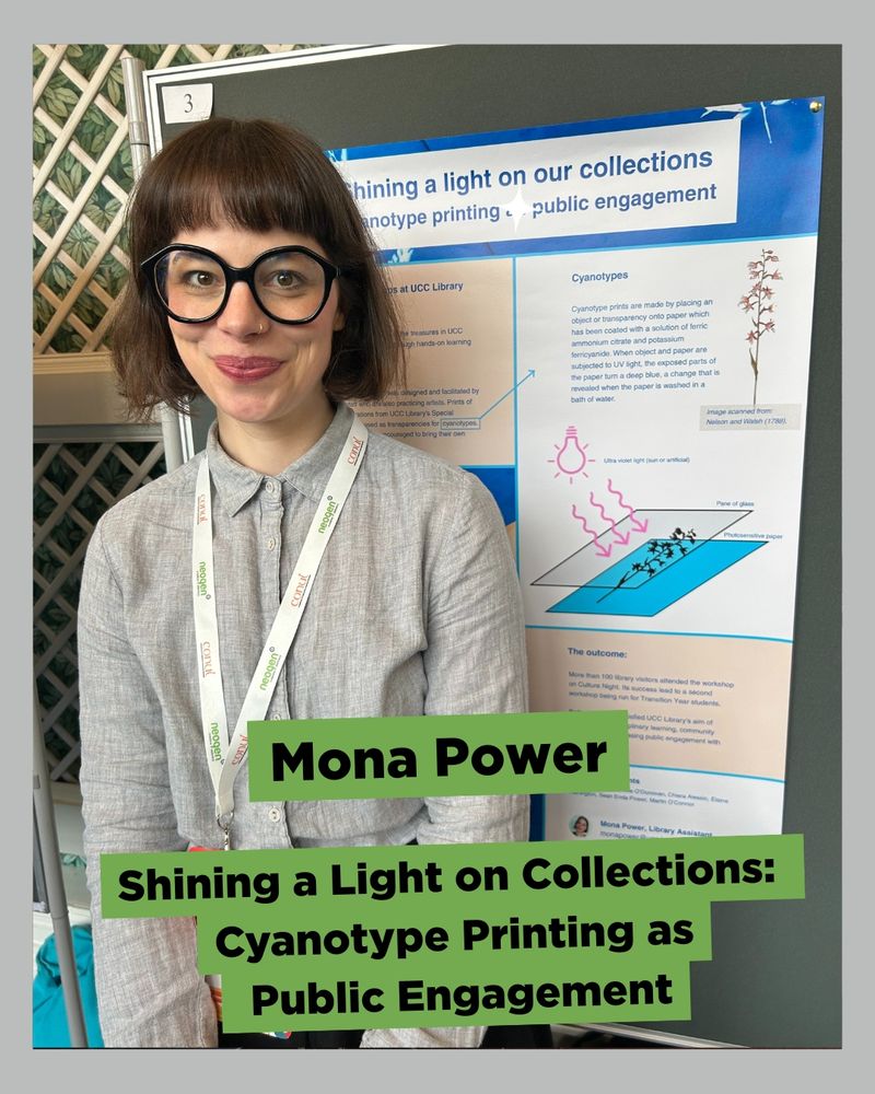 A woman with a bob haircut, wearing large black glasses and a grey button-up shirt, stands smiling in front of a scientific poster titled "Shining a Light on Our Collections: Cyanotype Printing as Public Engagement." She wears a lanyard. The poster behind her includes diagrams and text explaining cyanotype printing. Text on the image reads: "Mona Power – Shining a Light on Collections: Cyanotype Printing as Public Engagement.