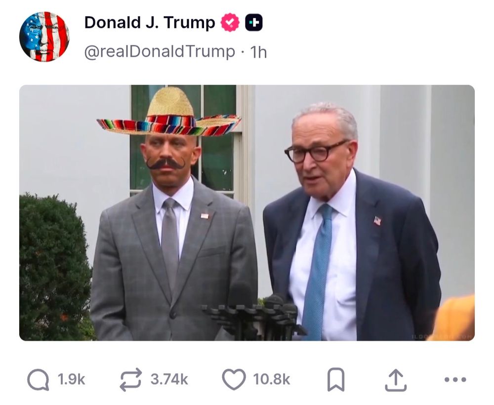 Screencap from an AI video posted by Trump that shows Hakeem Jeffries wearing a sombrero and a fake moustache