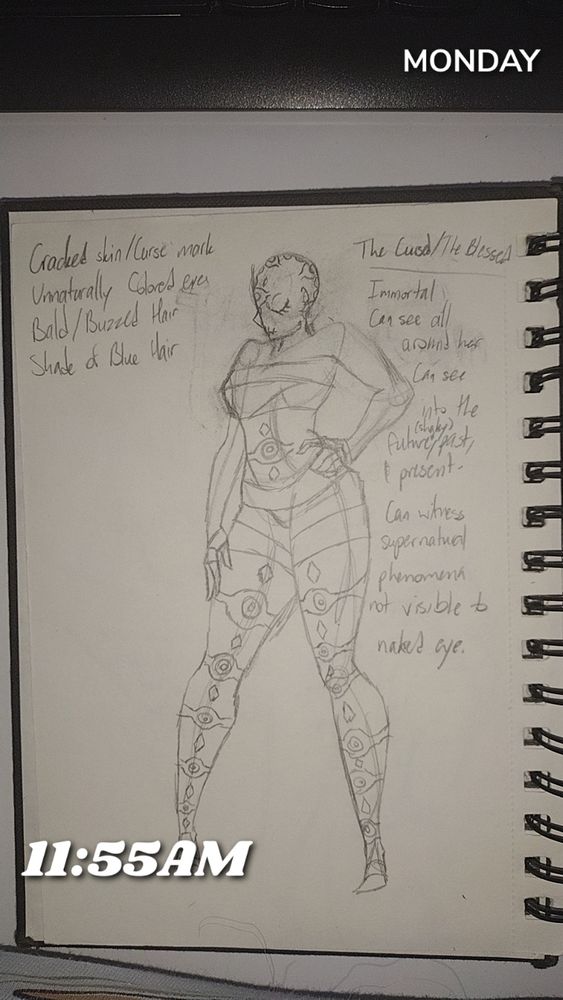 A rough character sketch of a woman with eye-like tattoos up and down her body. Her main eyes are closed.