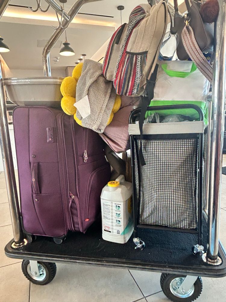 Hotel lobby with all of our stuff packed to the very top and brim on the luggage cart