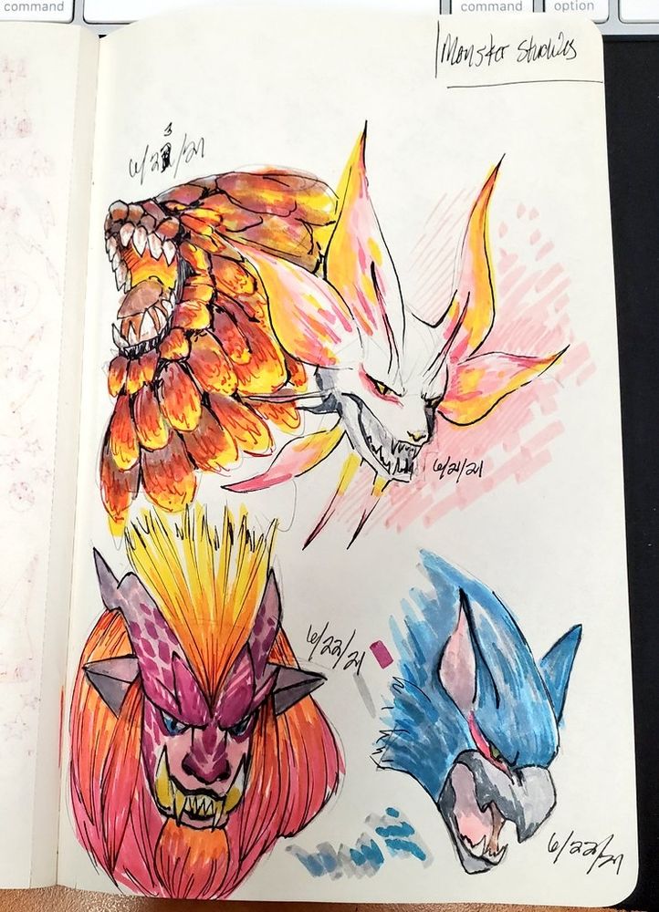 Illustration of four headshots of the following monsters from the Monster Hunter series: bazelgeuse, mizutsune, teostra, and nargacuga