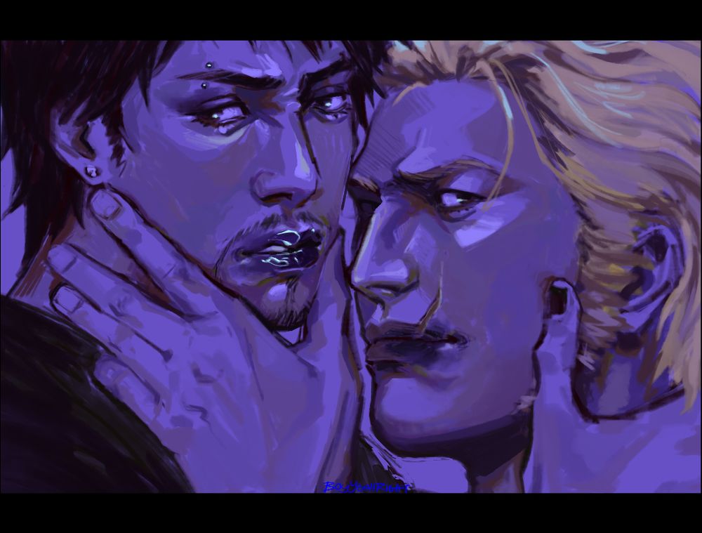 Digital painting of Daigo and Ryuji from the Yakuza series. They're holding each other's faces and have dark lip gloss smudged over their lips.