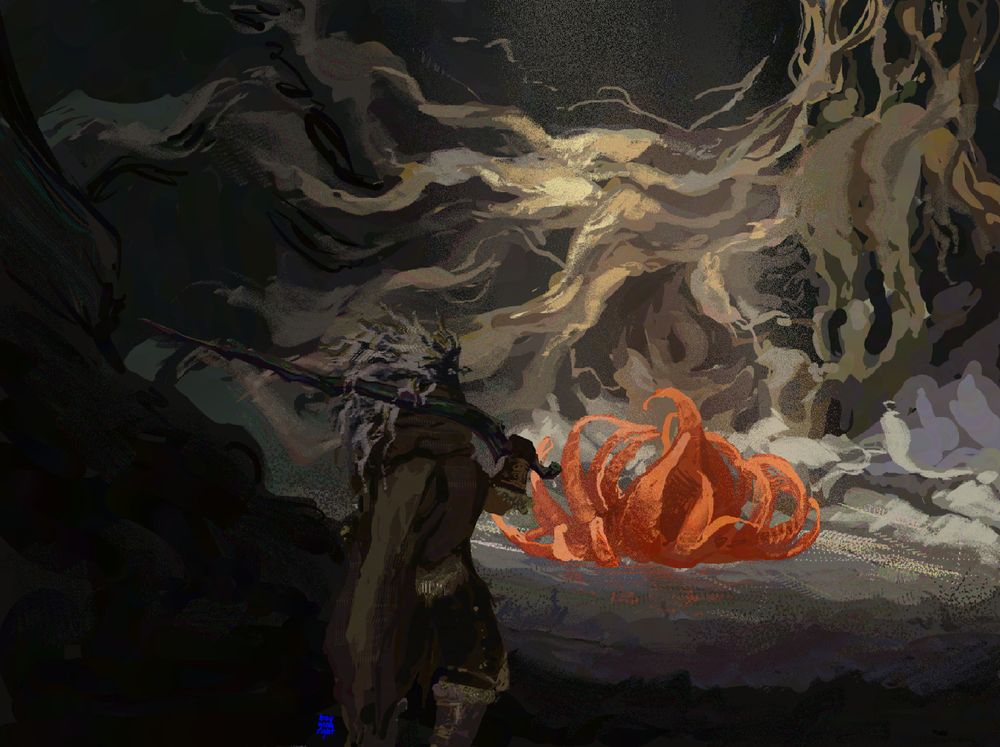 digital painting of my tarnished in malenia's arena post boss-fight from elden ring