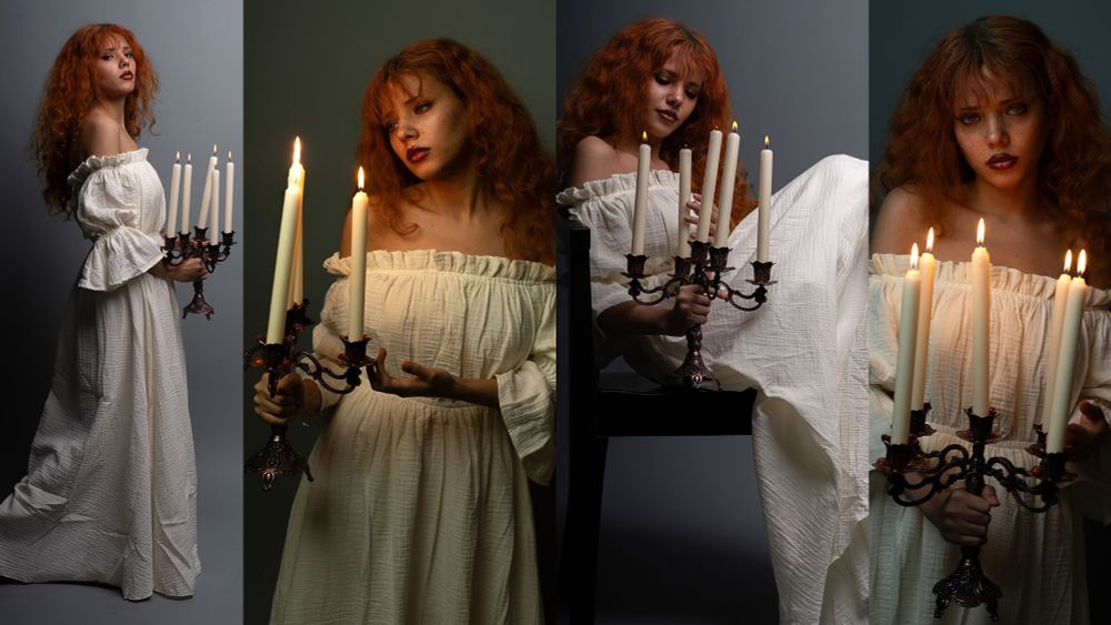 Pose refers to a white female with red hair, dark red lips, and freckles. She's wearing a white gown and is holding a lit 5-candle candelabra in different lighting scenarios. 