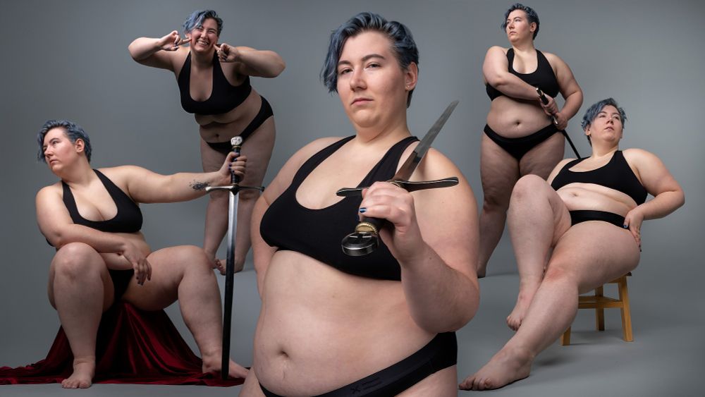 Multiple pose references of a non binary person holding a sword. 