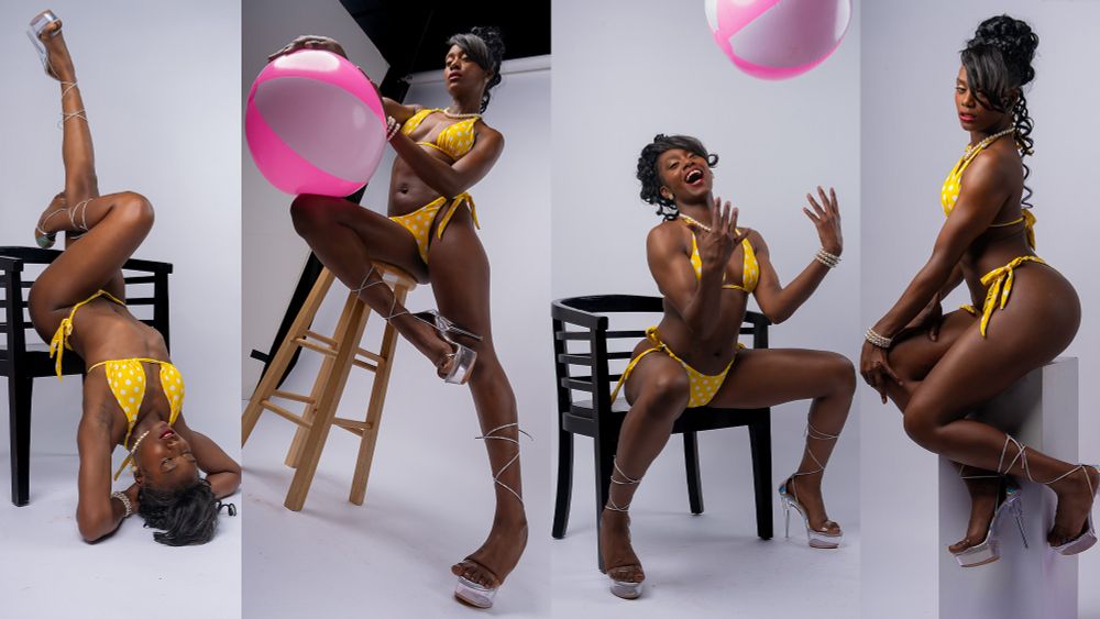 several art pose references of a woman in a yellow polkadot bikini, posing with a pink beach ball. 