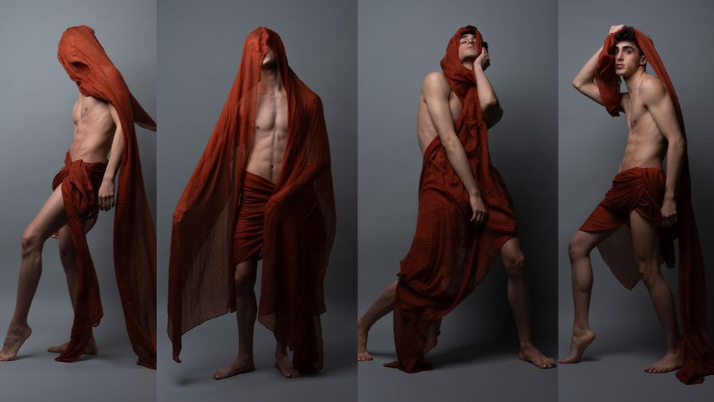 Multiple pose references of a man with red fabric draped over him. 