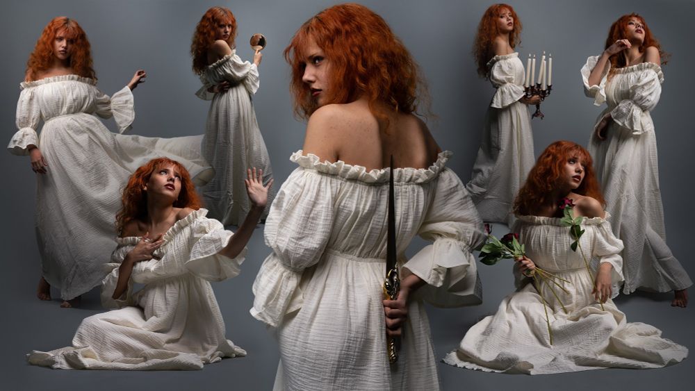 Cover image for the pose reference pack Gothic Romance. It features several photos of the same model composited together. The model is a white female with freckles, red hair, and dark red lips. She's wearing a vintage white ruffled gown.  