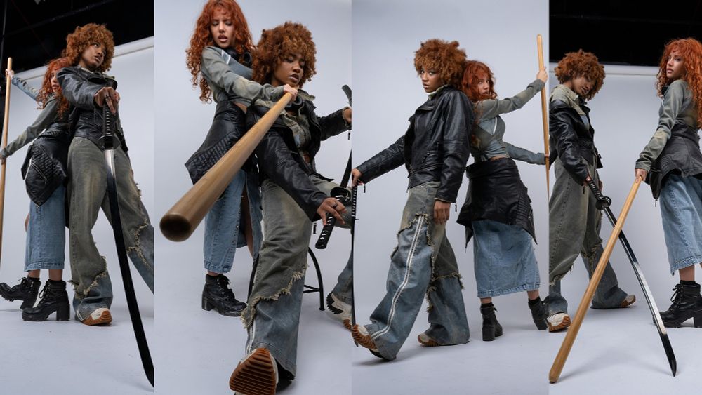 multiple pose references of two women holding a katana and a staff in dramatic ways.