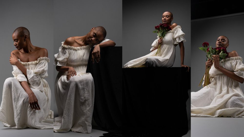 Multiple poses references of a woman in a white gown sitting.
