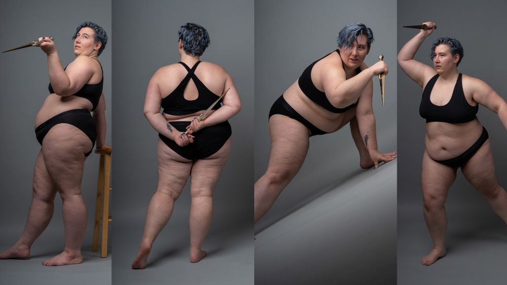 Multiple pose references of a woman with a dagger.