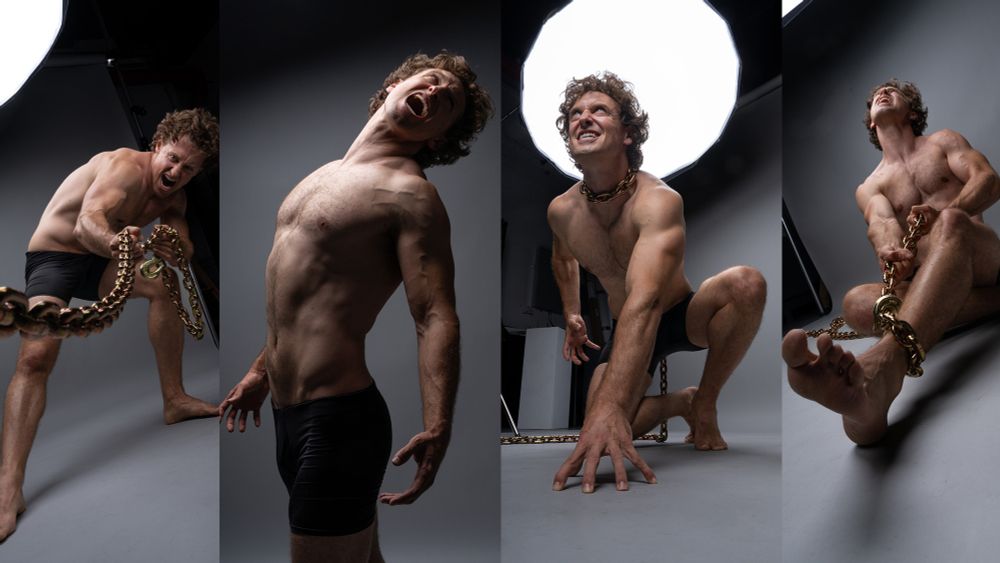 Several art references of a muscular man in creature-like poses.  