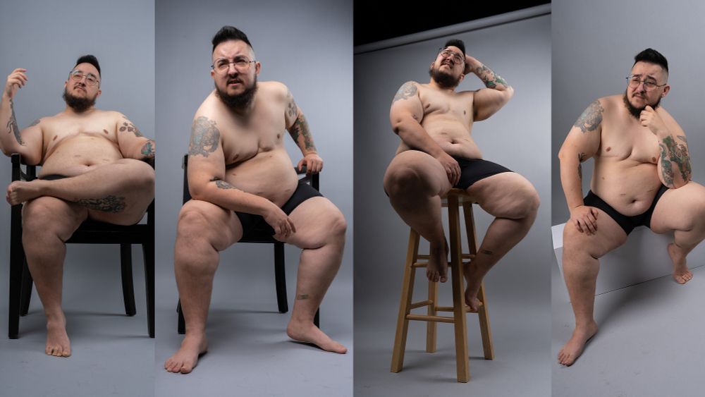 Multiple pose references of a man sitting.