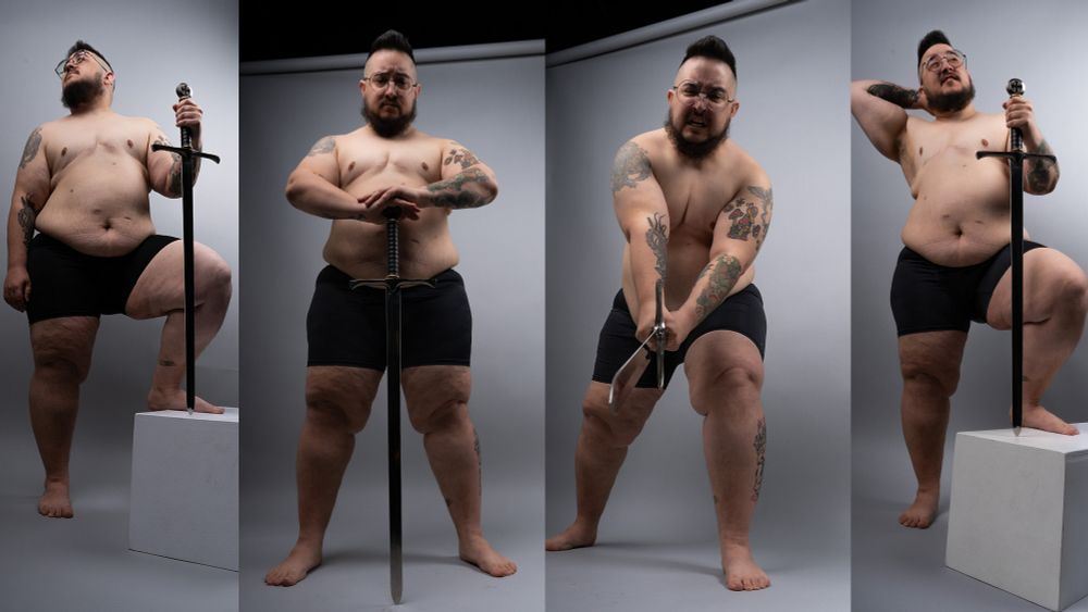 Multiple pose references of a man holding as sword. 