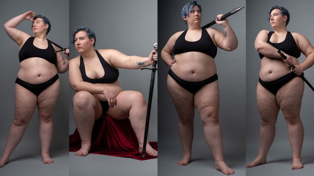 Multiple pose references of a woman with a sword. 