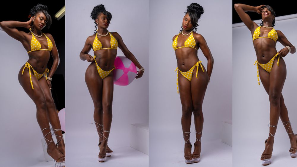 several art pose references of a woman in a yellow polkadot bikini, posing with a pink beach ball. 