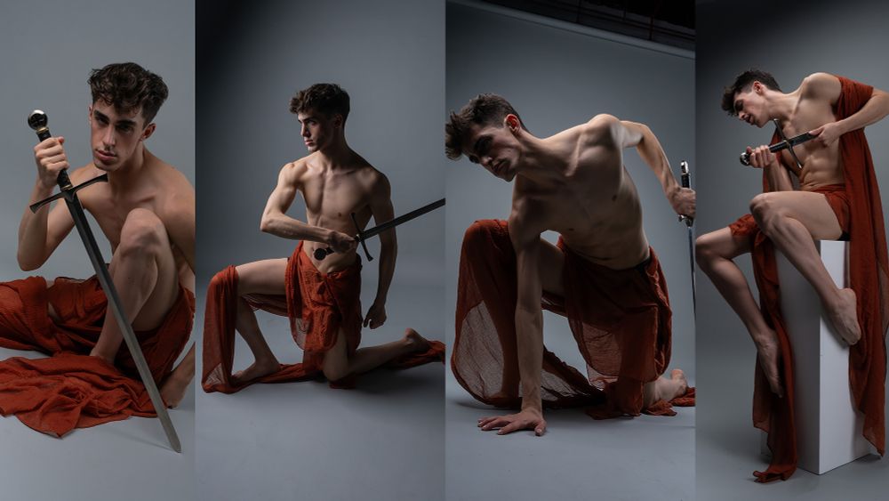 Multiple pose references of a man with red fabric draped over him. He is holding a sword. 