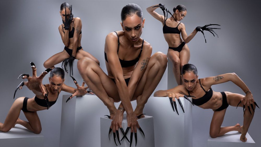 Multiple pose references of a woman with long claw like fingers. 