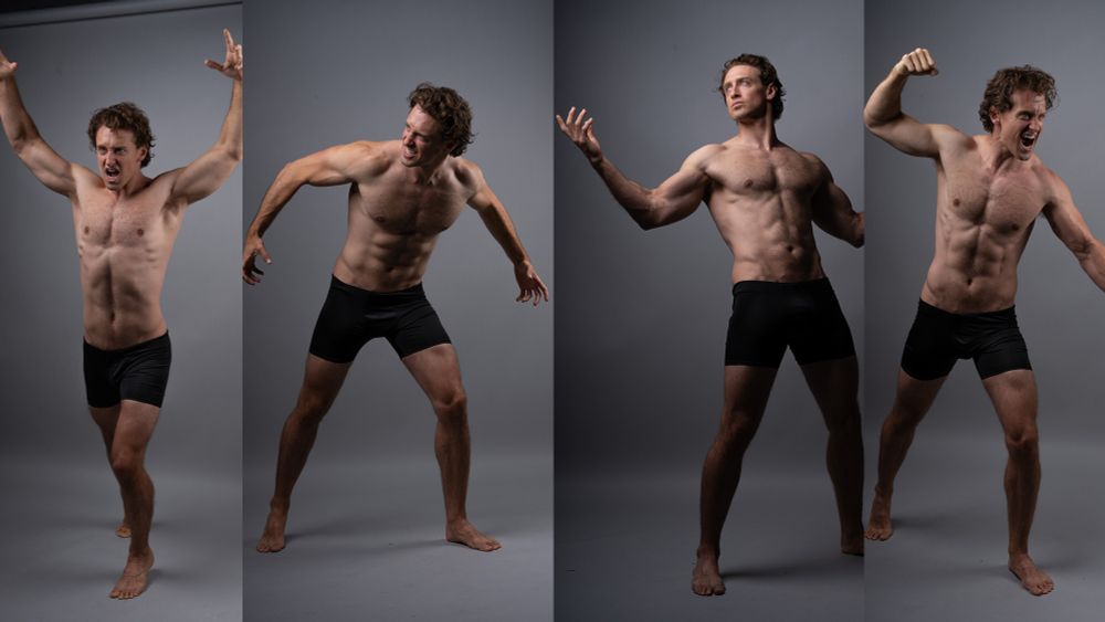 Several art references of a muscular man in creature-like poses.  