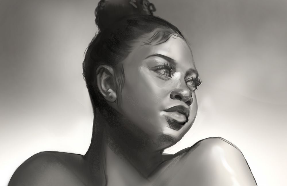 a black and white digital art portrait of a woman by artist Sylessae.