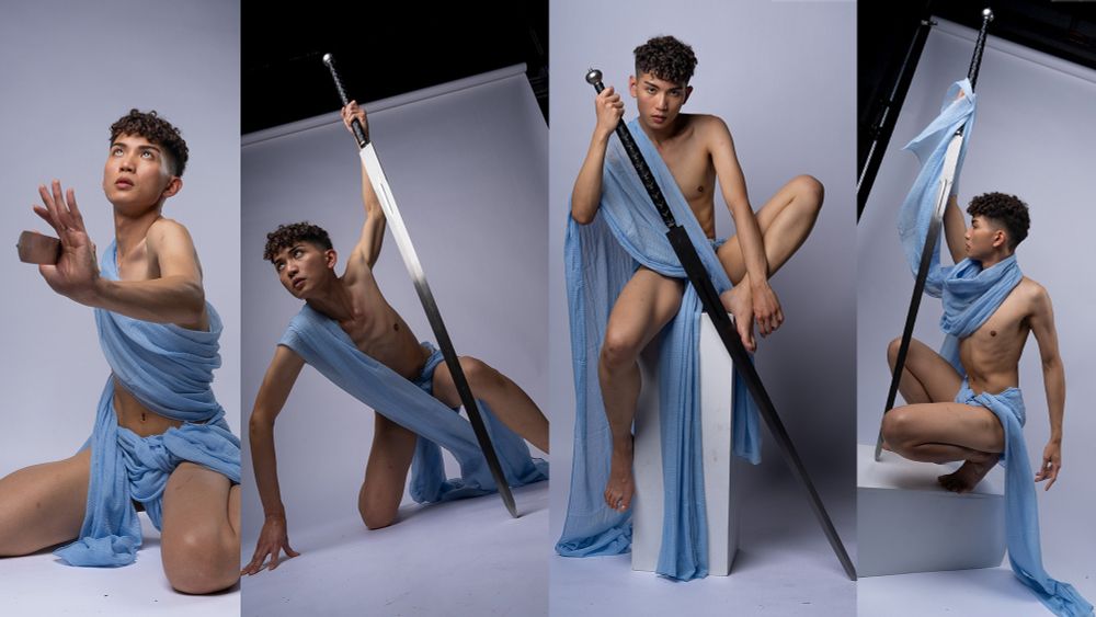 Several art pose references of a young man draped in light blue fabric holding a sword. 