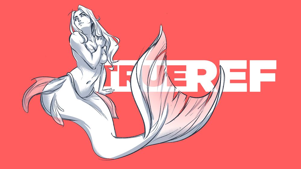 Sketch of a mermaid in front of the TrueRef logo.