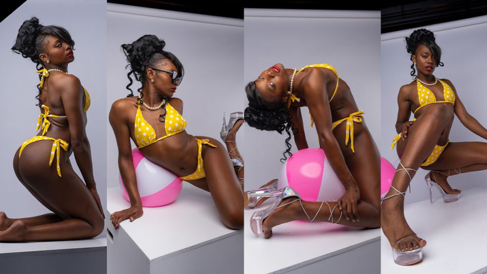 several art pose references of a woman in a yellow polkadot bikini, posing with a pink beach ball. 