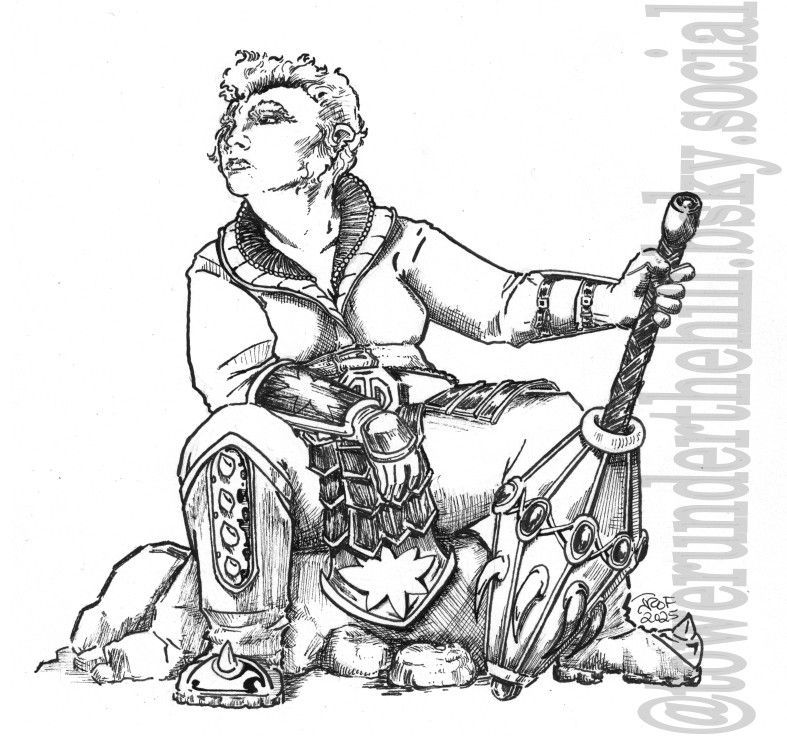 Regora Firstdaughter, former Minister of Battles, Upriser and Agitator. She is a stout dwarf with short hair and mutton chops, wearing layered clothing secured by a belt. She is missing her armored chestpiece and shoulder guards, but still wears her groin protector, spiked bots, and armguards. Her mace rests loosely in her left hand. Regora is seated upon some rocks, gazing up to her right (the viewer's left). 