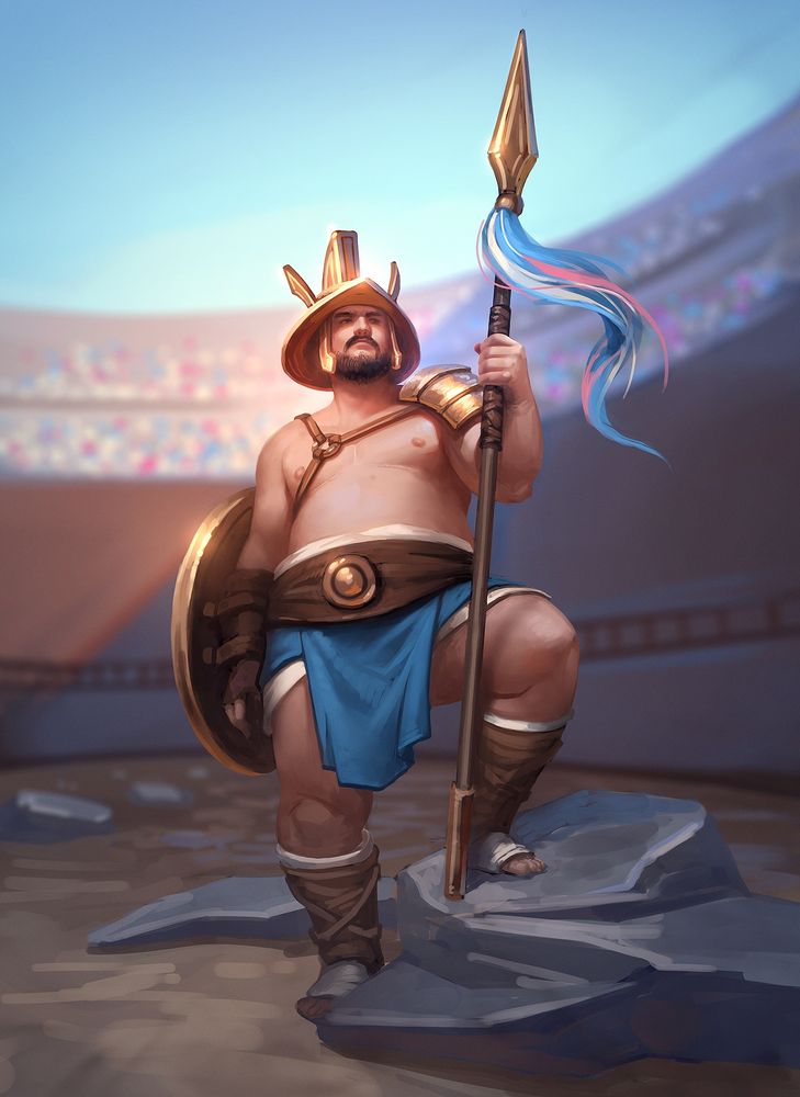 Art of a gladiator standing proudly with a spear in a colosseum setting. The spear has a decorative tassel of white, blue and pink representing the trans flag. 