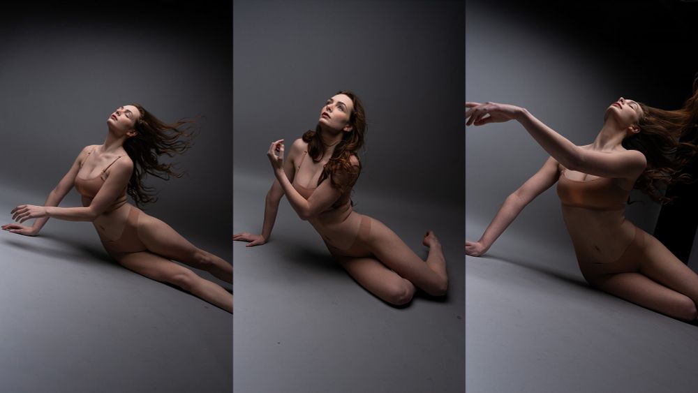 Several art pose references of a woman in elegant poses on the ground. 