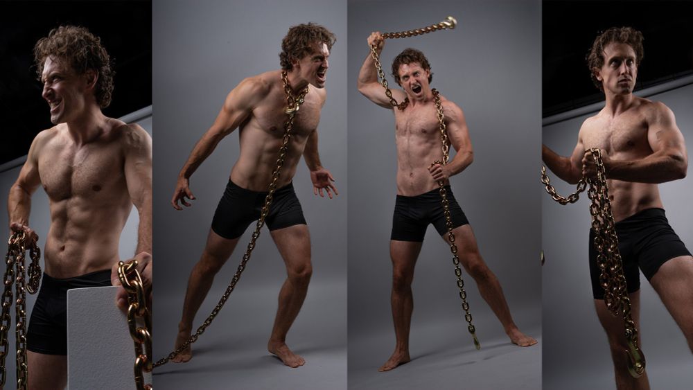 Several art references of a muscular man with a chain in creature-like poses.  